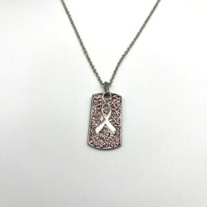 Cookie Lee Genuine Crystal Necklace Pink Ribbon Pendant Cancer Awareness Adj NEW